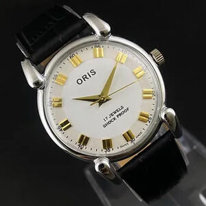 Vintage 1973 Oris Manual Mens Silver Watch W/Leather Strap & Gold accents